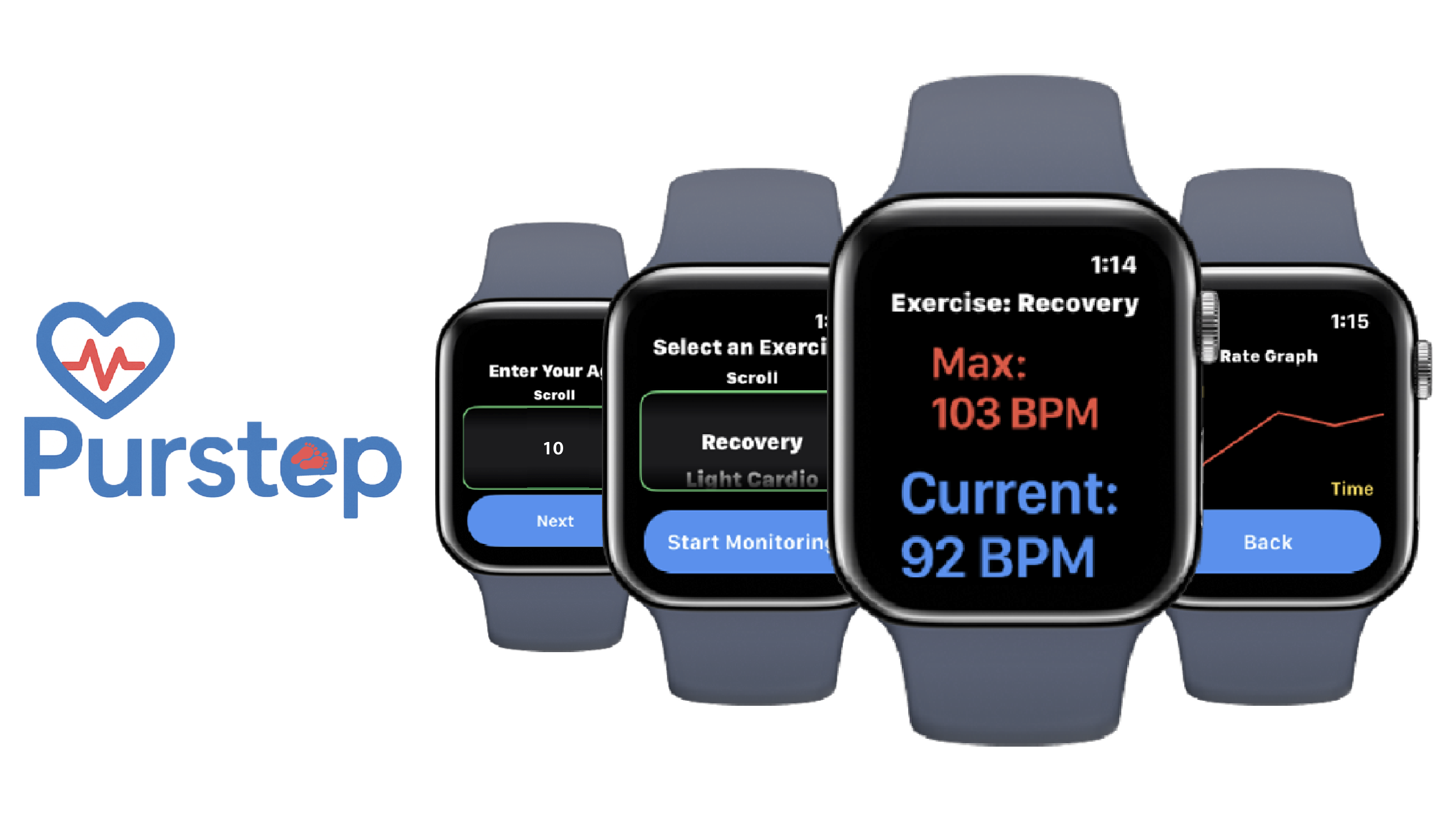 Purstep Apple Watch app showcase with multiple screen mockups